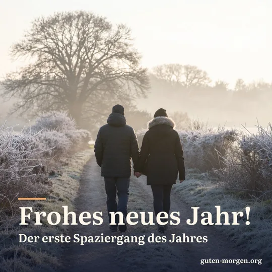 Zwei Menschen gehen, von hinten gesehen, Hand in Hand einen frostigen Feldweg entlang, die Sonne geht auf; Schrift: „Frohes neues Jahr! Der erste Spaziergang des Jahres“