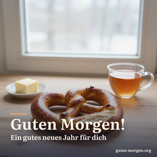 Große geflochtene Hefebrezel mit Butter und Teekanne auf einem Holztisch im blassen Winterlicht; Schrift: „Guten Morgen! Ein gutes neues Jahr für dich“