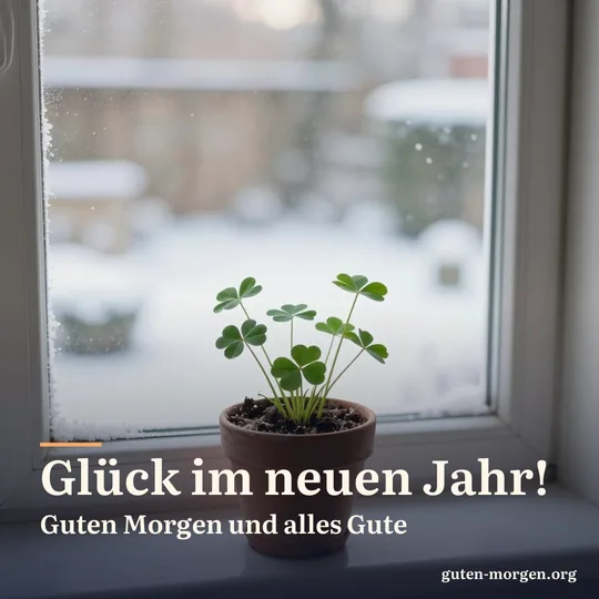 Topf mit Glücksklee auf einer frostigen Fensterbank, draußen ein verschneiter Garten im Morgenlicht; Schrift: „Glück im neuen Jahr! Guten Morgen und alles Gute“