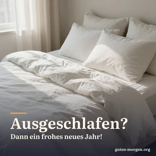 Ungemachtes Bett mit dicker weißer Decke, blasses Wintersonnenlicht fällt durch Leinenvorhänge; Schrift: „Ausgeschlafen? Dann ein frohes neues Jahr!“