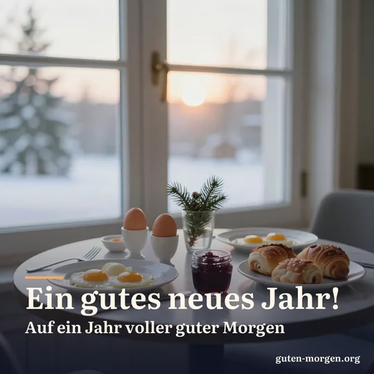 Frühstückstisch für zwei am Fenster mit Eiern, Brötchen, Marmelade und einem Tannenzweig, draußen Wintersonnenaufgang; Schrift: „Ein gutes neues Jahr! Auf ein Jahr voller guter Morgen“