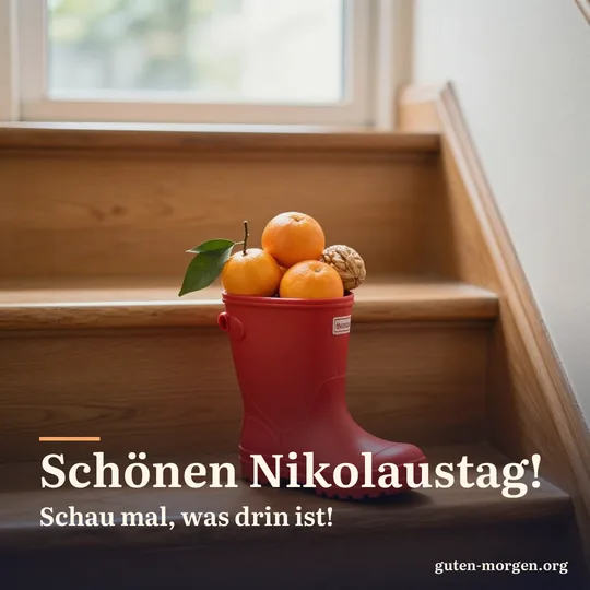 Ein kleiner roter Gummistiefel voller Mandarinen und Walnüsse steht auf einer Holztreppenstufe im warmen Morgenlicht aus dem Flurfenster; Schrift: „Schönen Nikolaustag! Schau mal, was drin ist!“