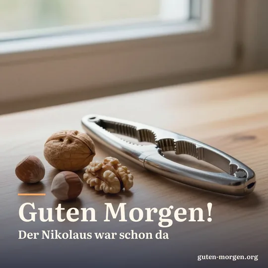Metallener Nussknacker neben frisch geknackten Walnüssen und Haselnussschalen auf einem Holztisch im weichen Morgenlicht; Schrift: „Guten Morgen! Der Nikolaus war schon da“