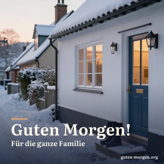 Stille verschneite Dorfgasse in der Morgendämmerung, warmes Licht in den Fenstern, auf einer Türschwelle wartet ein Paar gefüllter Stiefel; Schrift: „Guten Morgen! Für die ganze Familie“