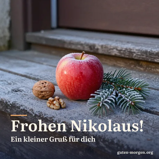 Roter Apfel, Walnüsse und ein Tannenzweig auf einer alten, bereiften Holzschwelle in der tief stehenden Morgensonne; Schrift: „Frohen Nikolaus! Ein kleiner Gruß für dich“