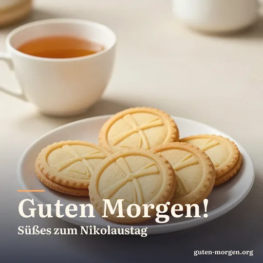 Spekulatius mit Windmühlen-Prägung auf einem Teller neben einer schlichten Tasse Tee, warmes Morgenlicht auf dem Küchentisch; Schrift: „Guten Morgen! Süßes zum Nikolaustag“