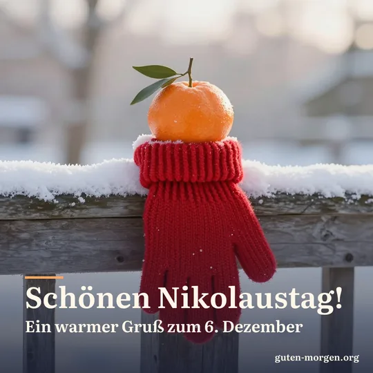 Roter Wollfäustling hängt an einem verschneiten Zaunpfosten, obenauf liegt eine Mandarine, weiches Morgenlicht; Schrift: „Schönen Nikolaustag! Ein warmer Gruß zum 6. Dezember“