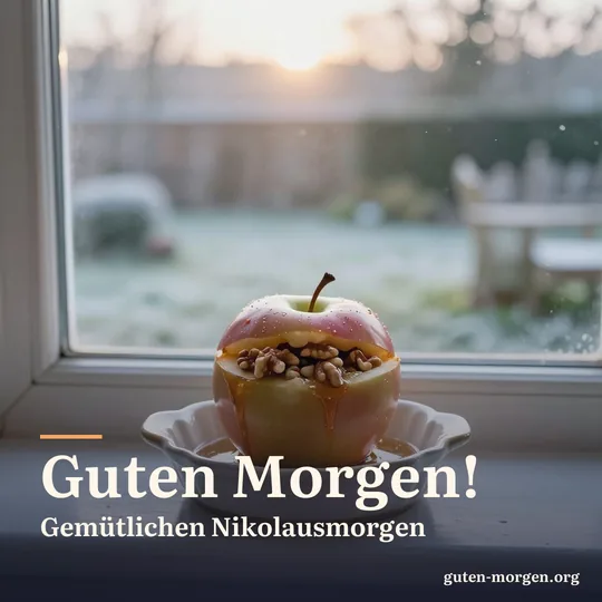 Bratapfel mit Nüssen und Zimt in einer kleinen Keramikform auf der Fensterbank, draußen ein bereifter Garten bei Sonnenaufgang; Schrift: „Guten Morgen! Gemütlichen Nikolausmorgen“