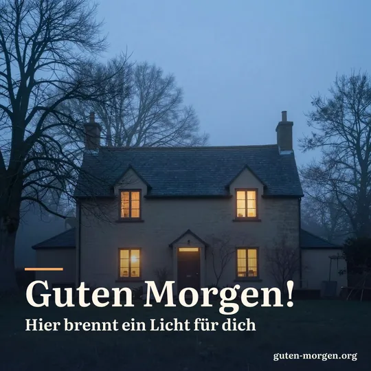 Gemütliches Landhaus im Nebel der Morgendämmerung mit einem warm erleuchteten Fenster, ringsum kahle Bäume; Schrift: „Guten Morgen! Hier brennt ein Licht für dich“