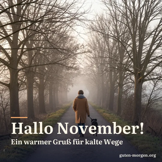 Person in warmem Mantel und Schal von hinten, die in der Morgendämmerung mit einem Hund einen nebligen Weg zwischen kahlen Bäumen entlanggeht; Schrift: „Hallo November! Ein warmer Gruß für kalte Wege“