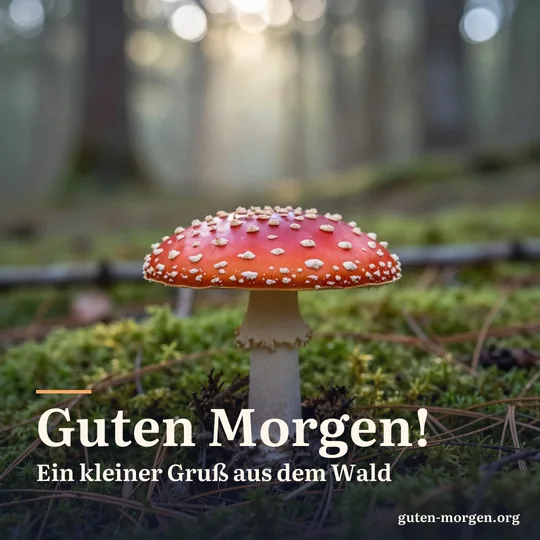 Roter Fliegenpilz mit weißen Punkten auf moosigem Waldboden, Morgenlicht fällt in Strahlen durch die Bäume; Schrift: „Guten Morgen! Ein kleiner Gruß aus dem Wald“