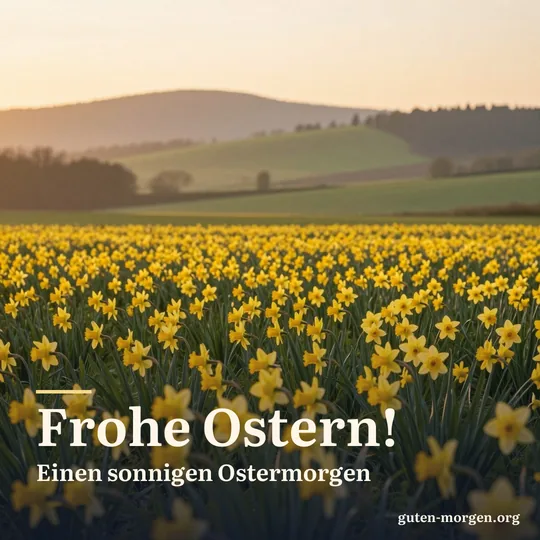 Wiese voller gelber Narzissen bei Sonnenaufgang, dahinter Hügel im Dunst; Schrift: „Frohe Ostern! Einen sonnigen Ostermorgen“