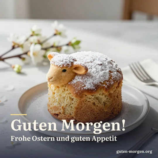 Mit Puderzucker bestäubtes Osterlamm aus Rührteig auf einem Teller am Frühstückstisch mit Frühlingsblumen; Schrift: „Guten Morgen! Frohe Ostern und guten Appetit“