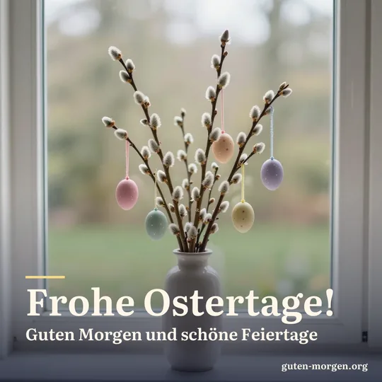 Osterstrauß aus Weidenkätzchen mit bemalten Eiern in einer Vase am sonnigen Fenster; Schrift: „Frohe Ostertage! Guten Morgen und schöne Feiertage“