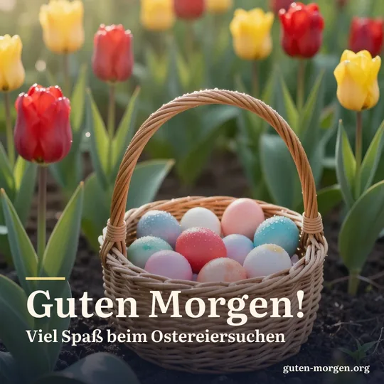 Weidenkorb mit bunten Eiern zwischen roten und gelben Tulpen im Gartenbeet, Morgensonne; Schrift: „Guten Morgen! Viel Spaß beim Ostereiersuchen“