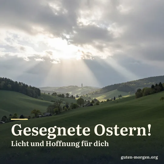 Strahlen der aufgehenden Sonne brechen durch Wolken über einem weiten Tal, in der Ferne ein kleiner Kirchturm; Schrift: „Gesegnete Ostern! Licht und Hoffnung für dich“