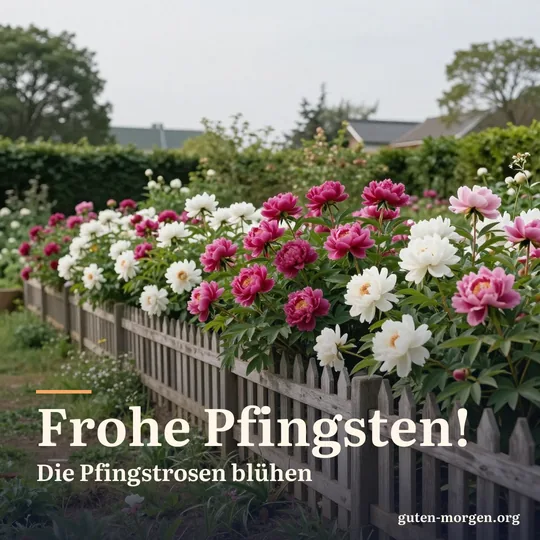 Blühende Pfingstrosenbüsche in Tiefrosa und Weiß an einem alten Holzzaun, weiter Blick in einen Bauerngarten im frühen Sommerlicht; Schrift: „Frohe Pfingsten! Die Pfingstrosen blühen“