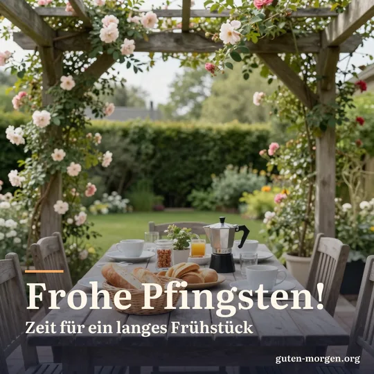 Langer Holztisch, gedeckt für ein Familienfrühstück unter einer Pergola mit Kletterrosen, Brotkorb, Kaffeekanne und schlichte Tassen am hellen Frühsommermorgen; Schrift: „Frohe Pfingsten! Zeit für ein langes Frühstück“