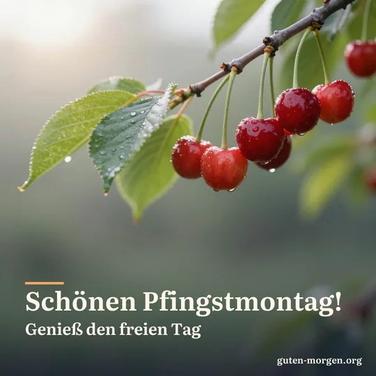 Reife rote Kirschen hängen in der frühen Morgensonne an einem Zweig, Tautropfen auf den Blättern, dahinter unscharf ein Garten; Schrift: „Schönen Pfingstmontag! Genieß den freien Tag“