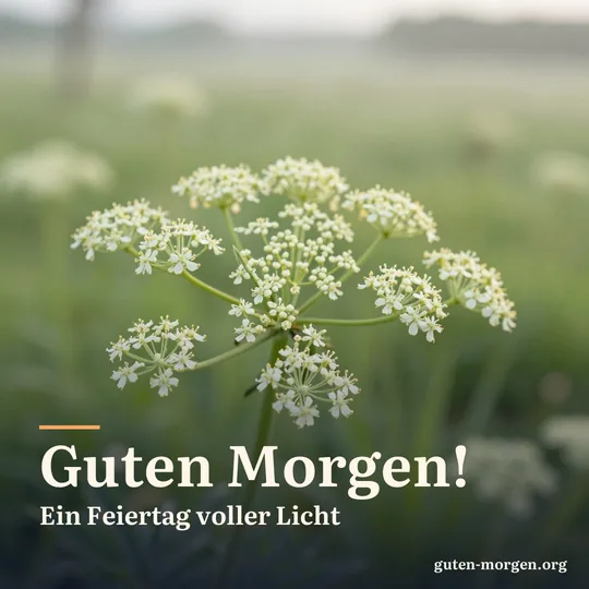 Blühende Holunderdolden an einem Zweig im weichen Licht eines frühen Sommermorgens, dahinter unscharf eine grüne Wiese; Schrift: „Guten Morgen! Ein Feiertag voller Licht“