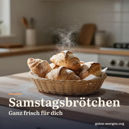 Korb mit frischen, knusprigen Brötchen auf einer Holzarbeitsplatte, Mehlstaub schwebt im Sonnenstrahl; Schrift: „Samstagsbrötchen – ganz frisch für dich“