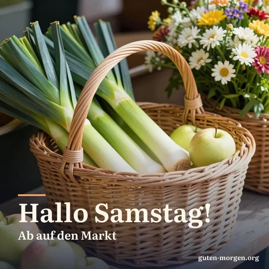 Weidenkorb mit Lauch, Äpfeln und einem Blumenstrauß an einem Marktstand im Morgenlicht; Schrift: „Hallo Samstag! Ab auf den Markt“