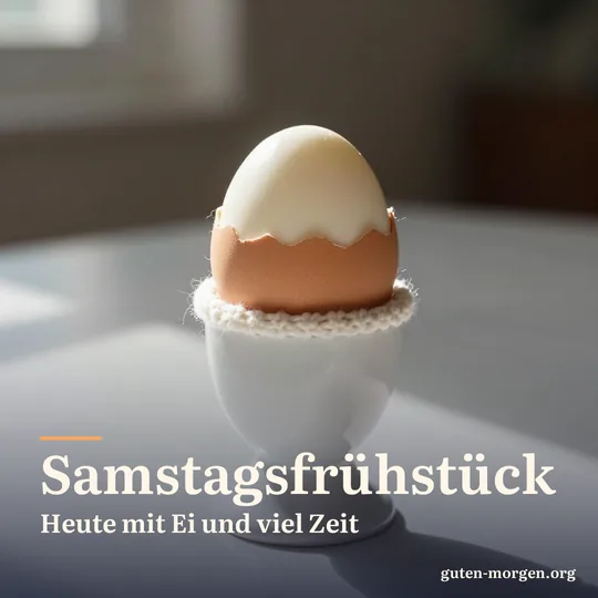 Frühstücksei im Eierbecher mit gestrickter Eiermütze auf einem Frühstückstisch in der Morgensonne; Schrift: „Samstagsfrühstück – heute mit Ei und viel Zeit“
