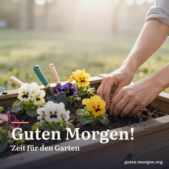 Hände setzen bunte Blumen in ein Hochbeet aus Holz an einem sonnigen Morgen, daneben kleines Gartenwerkzeug; Schrift: „Guten Morgen! Zeit für den Garten“