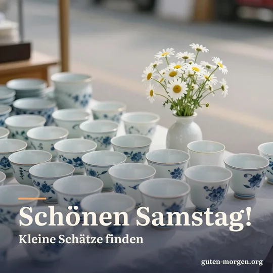 Flohmarkttisch mit alten Porzellantassen und einer kleinen Vase Gänseblümchen in der Morgensonne; Schrift: „Schönen Samstag! Kleine Schätze finden“