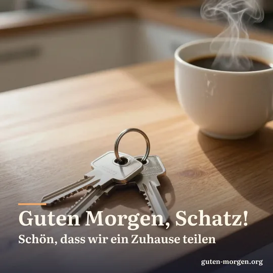 Zwei Schlüssel an einem schlichten Schlüsselring auf einem Holztisch in der Küche neben einer dampfenden Tasse Kaffee, warmes Morgenlicht; Schrift: „Guten Morgen, Schatz! Schön, dass wir ein Zuhause teilen“