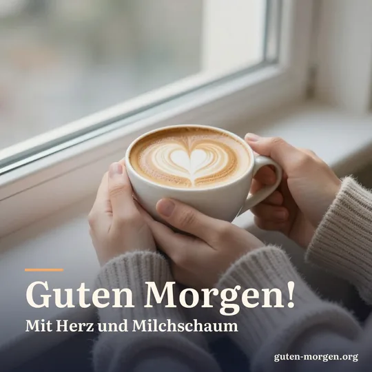 Zwei Hände in den Ärmeln eines weichen Strickpullovers halten eine Tasse Cappuccino mit einem Herz aus Milchschaum, gemütliches Morgenlicht vom Fenster; Schrift: „Guten Morgen! Mit Herz und Milchschaum“
