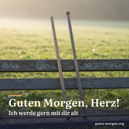 Zwei hölzerne Spazierstöcke lehnen aneinander an einer verwitterten Gartenbank bei Sonnenaufgang, dahinter eine leuchtende Wiese; Schrift: „Guten Morgen, Herz! Ich werde gern mit dir alt“