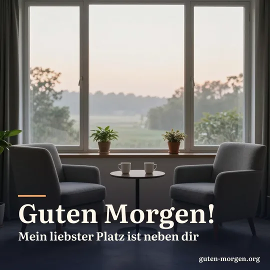 Zwei Sessel nebeneinander vor einem großen Fenster bei Sonnenaufgang, dazwischen ein kleiner runder Beistelltisch mit zwei Tassen, Pflanzen auf der Fensterbank; Schrift: „Guten Morgen! Mein liebster Platz ist neben dir“