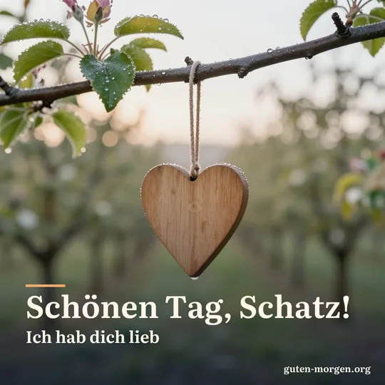 Kleines Holzherz an einem taunassen Apfelbaumzweig, dahinter unscharf ein Obstgarten im Licht des Sonnenaufgangs; Schrift: „Schönen Tag, Schatz! Ich hab dich lieb“