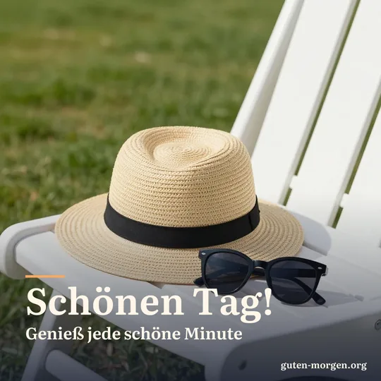 Strohhut und Sonnenbrille liegen auf einem weißen Gartenstuhl in heller Vormittagssonne; Schrift: „Schönen Tag! Genieß jede schöne Minute“
