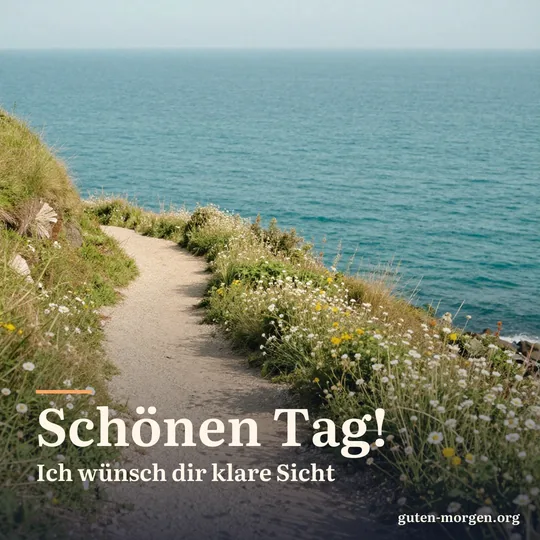 Gewundener Küstenpfad mit Wildblumen über türkisfarbenem Meer im hellen Morgenlicht; Schrift: „Schönen Tag! Ich wünsch dir klare Sicht“