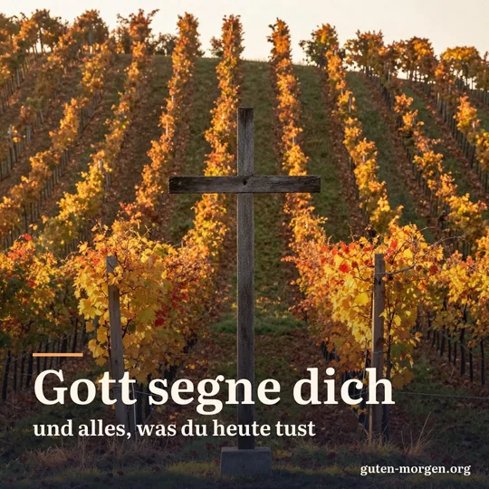 Altes hölzernes Wegkreuz zwischen herbstlichen Rebzeilen am Hang bei Sonnenaufgang, das Laub leuchtet gold und rot; Schrift: „Gott segne dich und alles, was du heute tust“