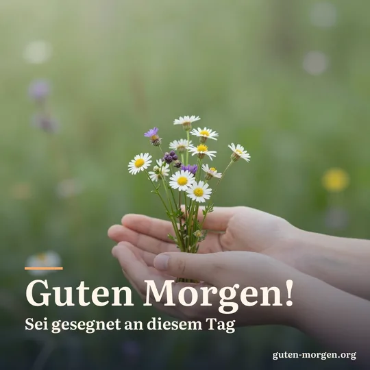 Zwei offene Hände halten behutsam einen kleinen Strauß Wiesenblumen im weichen Morgenlicht; Schrift: „Guten Morgen! Sei gesegnet an diesem Tag“