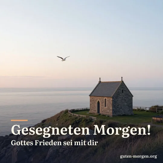 Kleine graue Steinkapelle auf einer grasbewachsenen Klippe über ruhiger See bei Sonnenaufgang, Möwen am hellen Himmel; Schrift: „Gesegneten Morgen! Gottes Frieden sei mit dir“