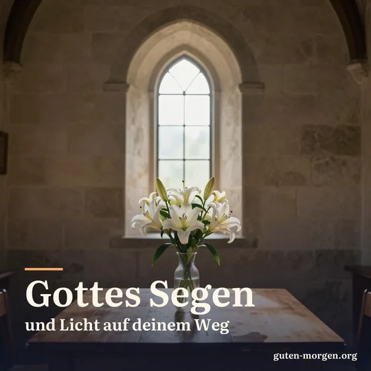 Morgensonne fällt durch ein kleines Rundbogenfenster einer alten Steinkirche auf weiße Lilien in einer Vase auf einem schlichten Holztisch; Schrift: „Gottes Segen und Licht auf deinem Weg“
