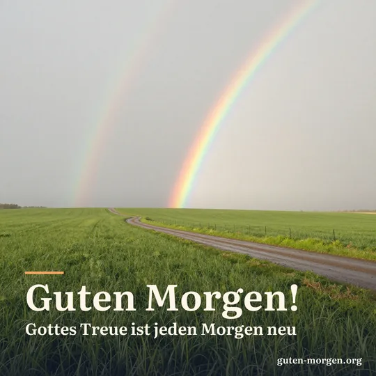 Zarter Regenbogen über grünem Ackerland nach einem Morgenschauer, Sonnenlicht glitzert auf nassem Gras und einem Feldweg; Schrift: „Guten Morgen! Gottes Treue ist jeden Morgen neu“