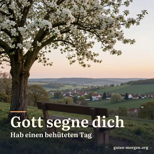Holzbank unter einem blühenden Apfelbaum am Hang mit Blick über ein Tal und ein fernes Dorf bei Sonnenaufgang; Schrift: „Gott segne dich. Hab einen behüteten Tag“