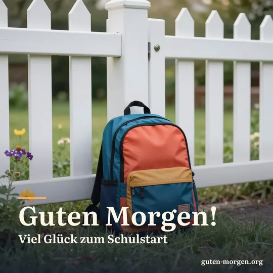 Bunter Schulranzen lehnt im sanften Morgenlicht an einem weißen Gartentor, Tau liegt auf dem Gras; Schrift: „Guten Morgen! Viel Glück zum Schulstart“