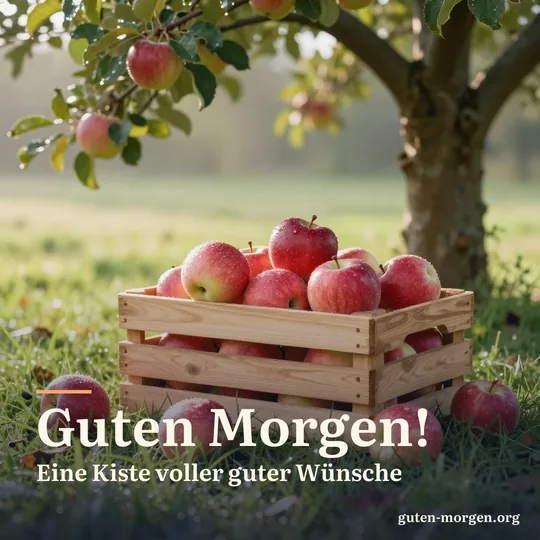 Holzkiste voller roter Äpfel unter einem Apfelbaum in der Morgensonne, Fallobst liegt im taunassen Gras; Schrift: „Guten Morgen! Eine Kiste voller guter Wünsche“