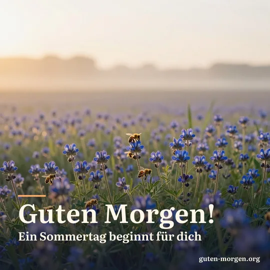 Ein blau blühendes Phaceliafeld bei Sonnenaufgang, Bienen fliegen die Blüten an; Schrift: „Guten Morgen! Ein Sommertag beginnt für dich“