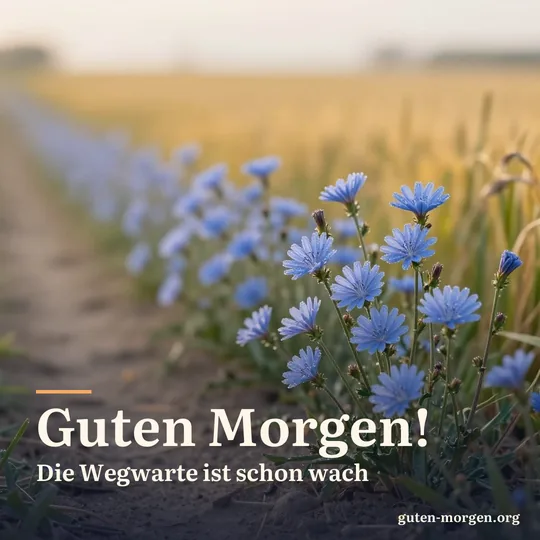 Himmelblaue Wegwarte am Rand eines staubigen Feldwegs bei Sonnenaufgang, Tau an den Stängeln; Schrift: „Guten Morgen! Die Wegwarte ist schon wach“