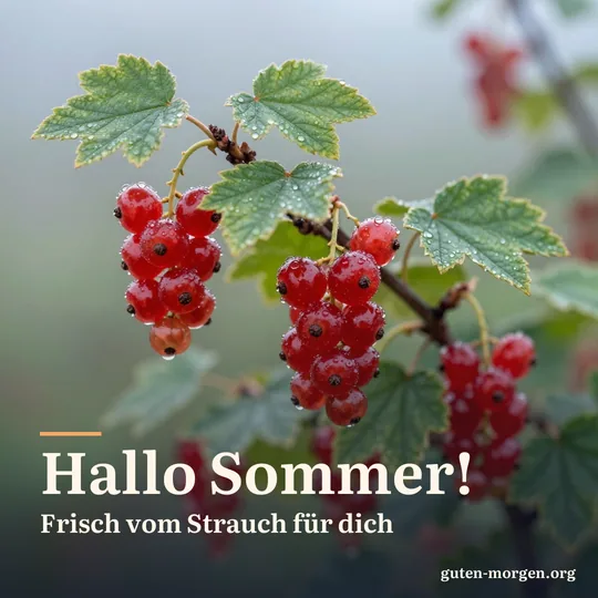 Reife rote Johannisbeeren mit Tautropfen am Strauch in der Morgensonne; Schrift: „Hallo Sommer! Frisch vom Strauch für dich“