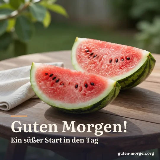 Frische Wassermelonenscheiben auf einem Gartentisch aus Holz in der frühen Morgensonne; Schrift: „Guten Morgen! Ein süßer Start in den Tag“