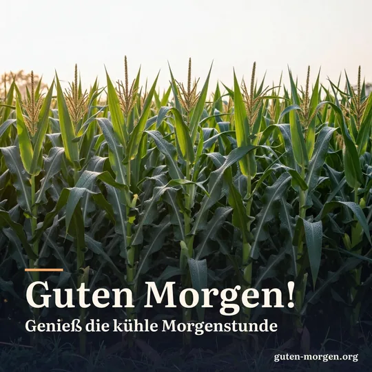 Hohe grüne Maispflanzen am Feldrand bei Sonnenaufgang, Tau auf den langen Blättern; Schrift: „Guten Morgen! Genieß die kühle Morgenstunde“