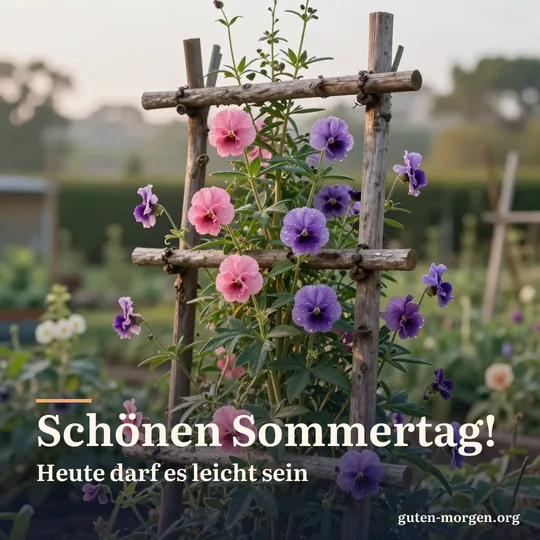 Rosa und violette Wicken ranken an einem rustikalen Holzspalier im Bauerngarten, Tau liegt auf den Blüten; Schrift: „Schönen Sommertag! Heute darf es leicht sein“